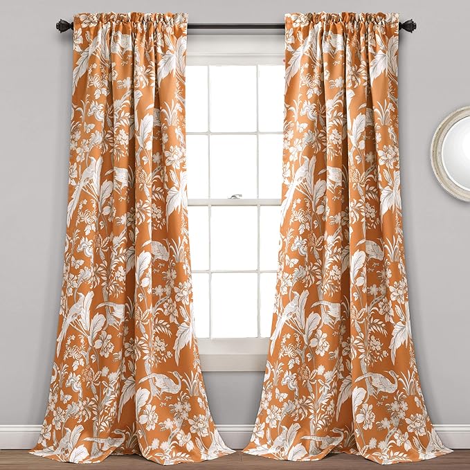 Lush Decor Dolores Light Filtering Window Panels, Pair, 52" W x 84" L, Orange - Floral Curtains for Bedroom - Vintage Curtains - Coquette Room Decor