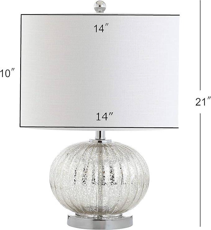 JONATHAN Y 21" Mercury Silver Ribbed Glass Table Lamp, Modern Transitional Bedside Lamp for Living Room, Bedroom, Nightstand, White Linen Shade, LED Bulb Included JYL4015A