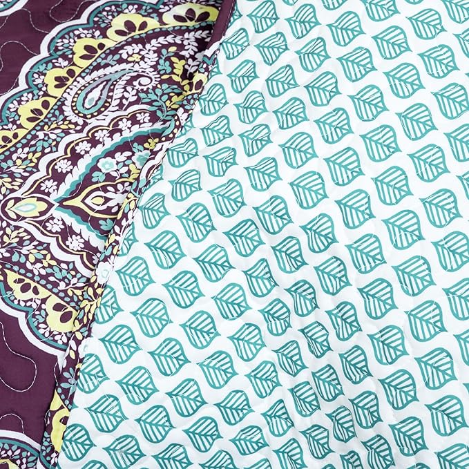 Lush Decor Harley Reversible King Queen Size 5 Piece Set Purple & Turquoise - Boho Bedding Set King Quilt - Purple Quilts - Boho Bedroom Decor