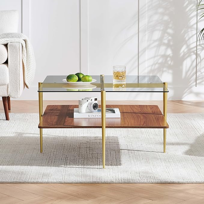 Square Glass Coffee Table, Mid-Century Modern Design, L30 x W30 x H17 inch, for Living Room, Clear Glass Top and Walnut Finish Wood Shelf, Conical Legs with Gold Finish Frame