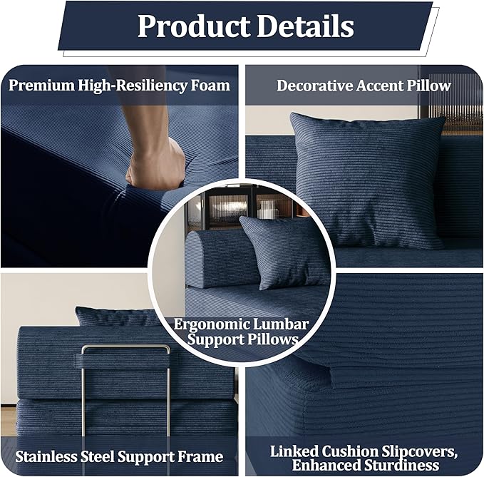 31.5'' Convertible Compressed Corduroy Folding Sofa Bed, Modern Boneless Pull Out Sleeper Sofa Couch in a Box, 3 in 1 Portable Lazy Floor Lounge Chair, No Assembly Needed, Navy Blue, Pillow, Single