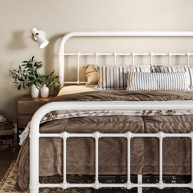 Allewie King Size Metal Platform Bed Frame with Victorian Style Wrought Iron-Art Headboard/Footboard, No Box Spring Required, White