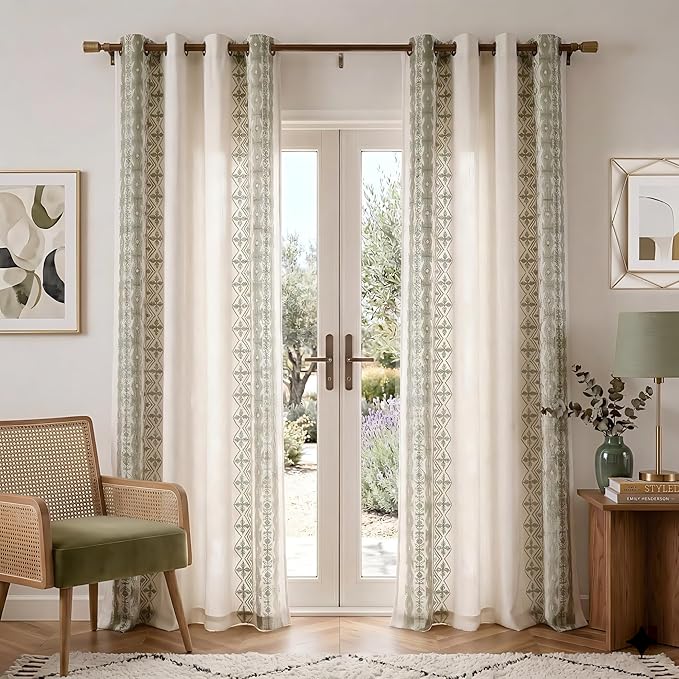 NICETOWN Sage Green Floral Embroidered Linen Curtains 84 inch Long - Gorgeous Drapes for Airy Living Room, Boho Style Bronze Grommet Heavy Linen Beautiful Home Decoration, W52 x L84, 2 Pcs