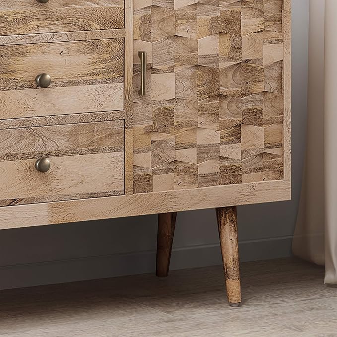 Great Deal Furniture Zona Mid-Century Modern Mango Wood 3 Drawer Sideboard with 2 Doors, Natural