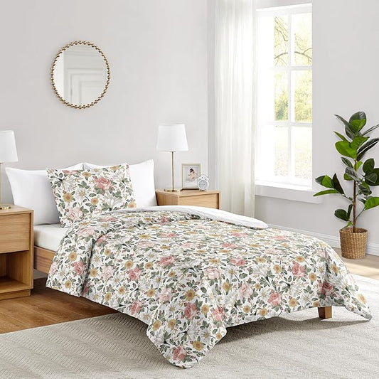 Sweet Jojo Designs 2-Piece Twin Comforter Set (Vintage Floral Boho) for Girls, Teen, Kids Bedding, Bed in a Bag incl. Blanket & Pillow Sham (Shabby Chic, Rose Flower, Farmhouse, Bohemian Pink, Yellow)