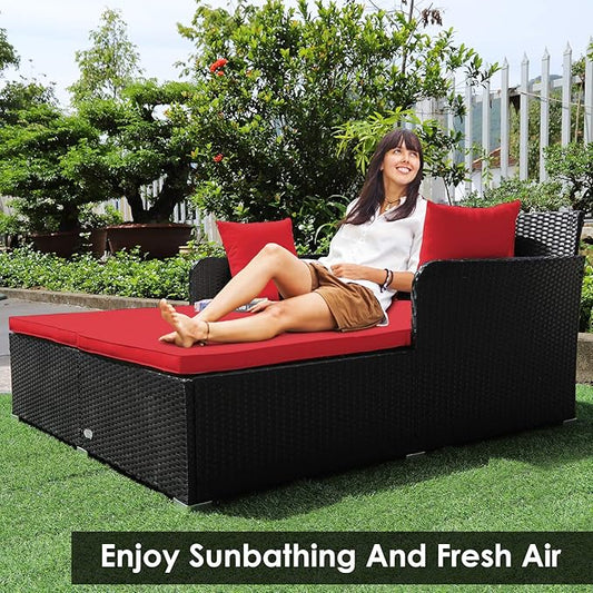 Tangkula Outdoor Rattan Daybed, Sunbed Wicker Furniture w/Spacious Seat, Upholstered Cushion & High-Resilience Sponge, Wicker Patio Sofa Set w/Extra Pillows for Courtyard Poolside(Red)