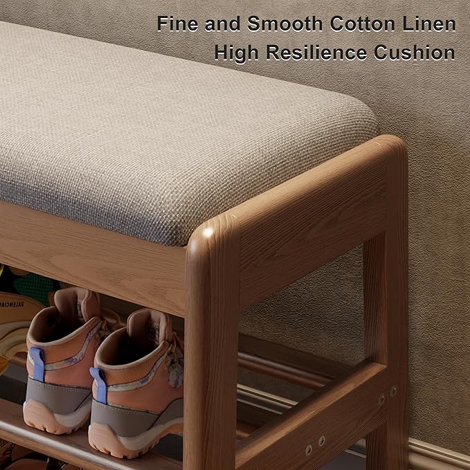 AQIMUELE Small Shoe Rack Bench,2 Tiers Shoe Bench with Storage with Flip-Top,Wood Shoe Rack for Entryway,Hallway（Walnut Upholstered Seat）