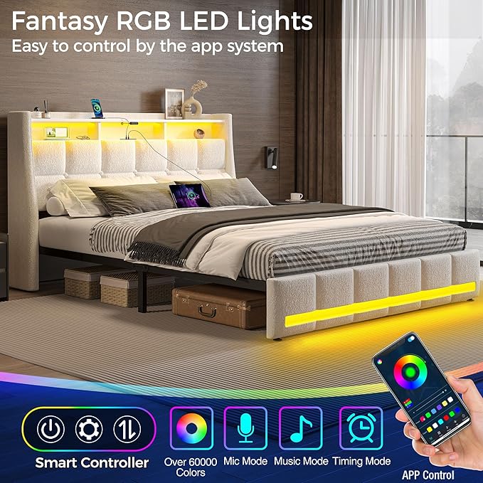 Rolanstar Full Size Bed Frame with LED Lights and Charging Station, Upholstered Headboard with 2-Tier Storage Shelves, Heavy Duty Metal Frame, Noise-Free Support, Easy Assembly, No Box Spring Needed