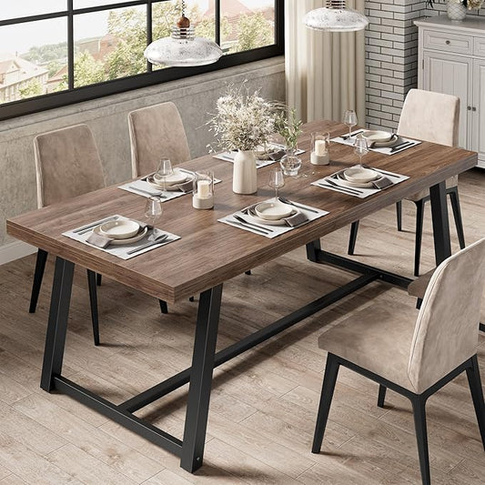 IRONCK 71" Dining Table for 6-8 People, Industrial Kitchen Table with Sturdy Metal Frame, Rectangular Brown Wood Dinner Table for Dining Room