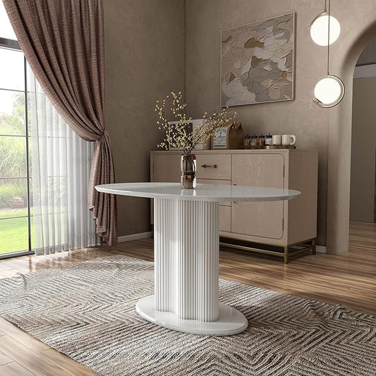 Homes: Inside + Out Elara Modern 54-inch Oval Dining Table with Fluted Pedestal Base, Seats up to 4, for Home Kitchen, Living Room, Glossy White
