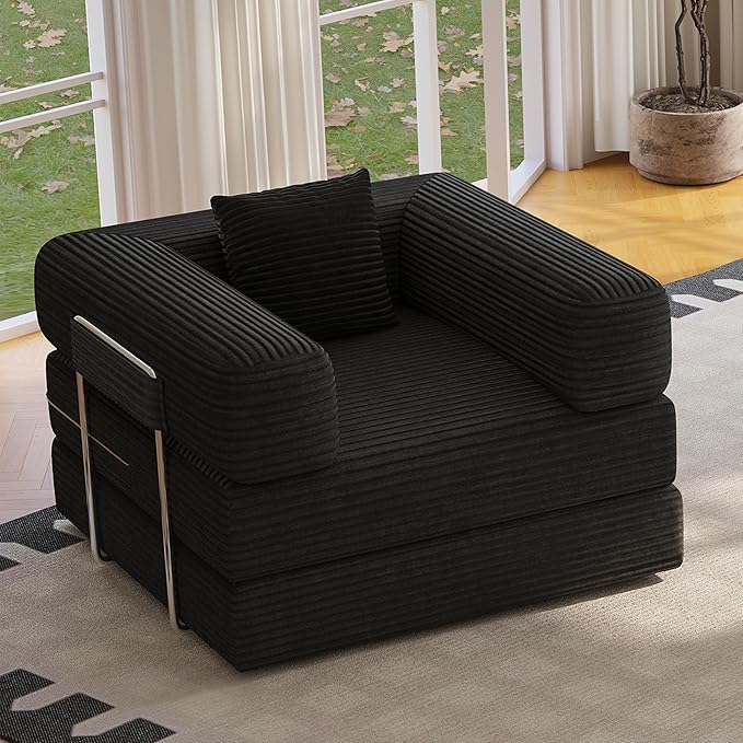 BSHOMGI Folding Sofa Bed, 2 in 1 Convertible Sofas Lounger Comfy Single Chair Teddy Fabric Compressed Couch,Boneless FoldingSleeper for Living Room, Guest Bed, Playroom (Black, 35.43" Single Sofa)