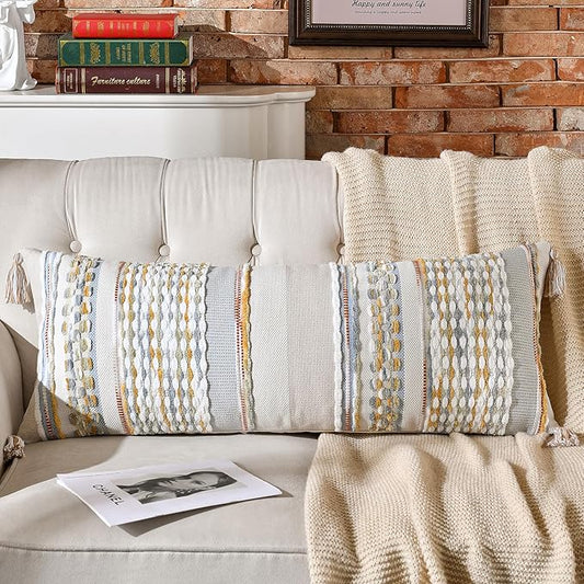 AmHoo Chenille Striped Textured Boho Throw Pillow Covers Aesthetic with Tassels Woven Decorative Pillow Case for Couch Bed Sofa Bedroom Modern Funky 14 x 36-Inch Grey