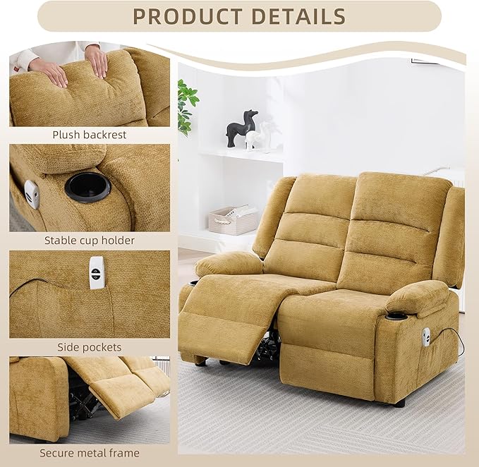 52Inch Power Loveseat Recliner,Electric Reclining Loveseat Sofa,Adjustable Love seat Recliner Sofa for Living Room,Bedroom with Charging Ports (Yellow)