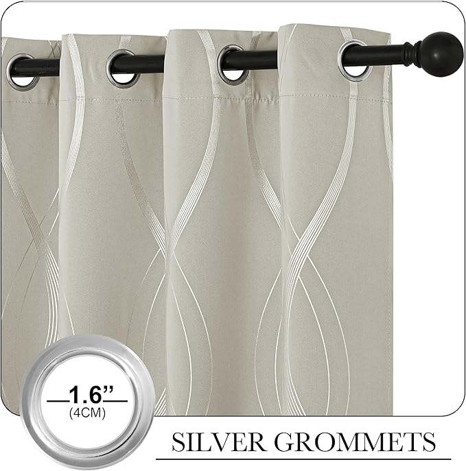 NICETOWN Room Darkening Curtains for Bedroom, Natural, 2 Panels, 52 x 84 inch, Noise Reducing Thermal Insulated Wave Line Foil Print Design Blackout Curtains for Storage Office Work Area