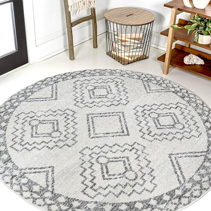 JONATHAN Y Amir Moroccan Beni Souk Cream/Gray 8' Round Indoor Area Rug, Bohemian, Scandinavian, Easy-Cleaning for Living Room, Bedroom, Kitchen, Pet Friendly, Non-Shedding (MOH200B-8R)