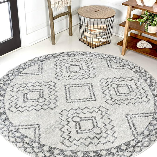JONATHAN Y Amir Moroccan Beni Souk Cream/Gray 8' Round Indoor Area Rug, Bohemian, Scandinavian, Easy-Cleaning for Living Room, Bedroom, Kitchen, Pet Friendly, Non-Shedding (MOH200B-8R)