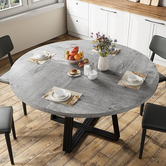 Garvee 47 in Inch Round Dining Table for 4, Farmhouse Dining Room Circle Dinner Table,Space Saving Wood Kitchen & Dining Room Furniture, Round Tables with Storage and Metal Square Legs, Grey