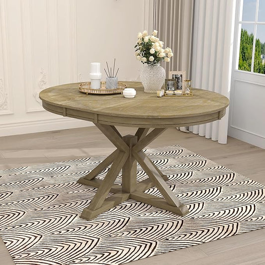 Ball & Cast Farmhouse Extendable Dining Table for 4-6, 42"-54" Extendable Kitchen-Table with a 12" Leaf, Round Ellipse Retro Wood Dining Room-Table w/Removable Leaves,Space Saving, Natural