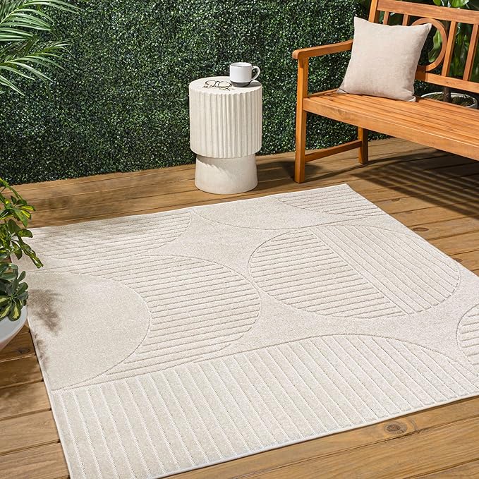 JONATHAN Y Nordby High-Low Arch Striped Ivory/Cream 9x9 Square Indoor/Outdoor Area Rug, Pet Friendly, Non-Shedding, Stain Resistant, Easy-Cleaning for Backyard, Patio (SCN104B-9SQ)