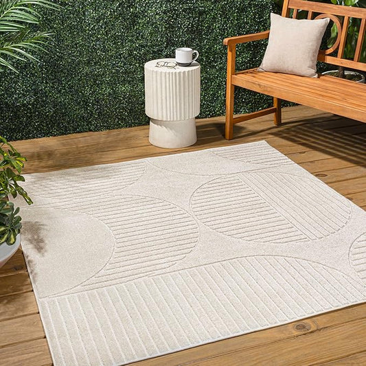 JONATHAN Y Nordby High-Low Arch Striped Ivory/Cream 6x6 Square Indoor/Outdoor Area Rug, Pet Friendly, Non-Shedding, Stain Resistant, Easy-Cleaning for Backyard, Patio (SCN104B-6SQ)
