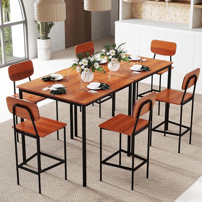 GOFLAME 5-Piece Dining Table Set for Small Space, Kitchen Table and Chairs Set for 4 with Steel Frame, Square Breakfast Table Set, Industrial Counter Height Table Set for Home Restaurant, Walnut