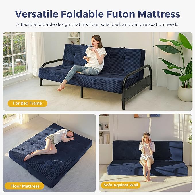 MAXYOYO 8" Foldable Floor Sofa Bed, Tufted Foldable Couch Bed Thick Folding Mattress with Handles, Versatile Folding Sofa Couch for Floor Sleeping, Living Room & Guest Room, Navy