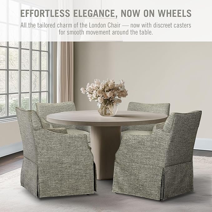 Martha Stewart London Dining Chair - Solid Wood & Plywood, Skirted Metal Base Accent Armchair, Lumbar Pillow -Modern Classic Family Dining Room Furniture 25" W x 26" D x 34" H, Grey