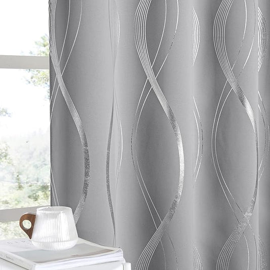 NICETOWN Kitchen Blackout Curtain Panels, Window Treatment Thermal Insulated Solid Grommet Blackout Wave Line Foil Print Design Curtains for Kitchen, Cafe, Loft (Silver Grey, Set of 2, 42 by 63 Inch)
