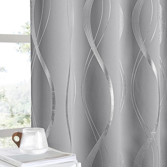 NICETOWN Blackout Curtains for Bedroom, Noise Reducing Thermal Insulated Wave Line Foil Print Design Blackout Curtains for Patio Sliding Glass Door (2 Panels, 52 x 72 Inch, Silver Gray)