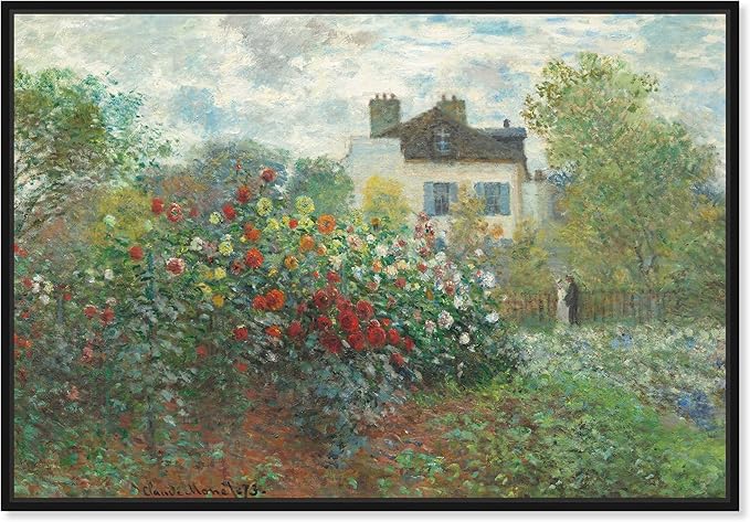 Art Remedy Monet-Garden With Dahlias Impressionism Classic Landscape Paintings Canvas Wall Art, Black Floater Frame, 20"x30"