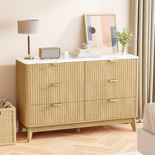 Pamapic 47" Sideboard Buffet Cabinet with Storage, Fluted Storage Cabinet with 6 Drawers, Modern Credenza with Faux Marble Top, Wood Buffet Console Table for Living Room, Hallway, Natural