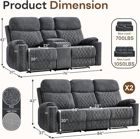 HAOMARKETS 3-Piece Power Recliner Sofa Set with Charging Port, Include 2-Seater Loveseat Reclining Couch with Hidden Storage and Cup Holders and 2 3-Seater Recliner Couches for Living Room, Dark Grey