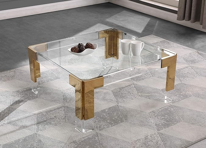 Meridian Furniture Casper Collection Modern | Contemporary Glass Top Coffee Table with Sturdy Stainless Steel and Acrylic Base, 36" W x 36" D x 16.5" H, Gold