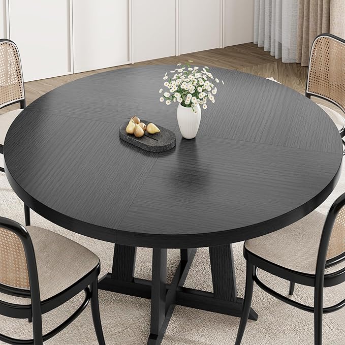 GarveeHome Round Dining Table for 4, 47 Inches Dining Room Table with Wooden Base, Kitchen Table with Circle Tabletop, Dinner Table for Dining Room, Kitchen, Living Room, Black