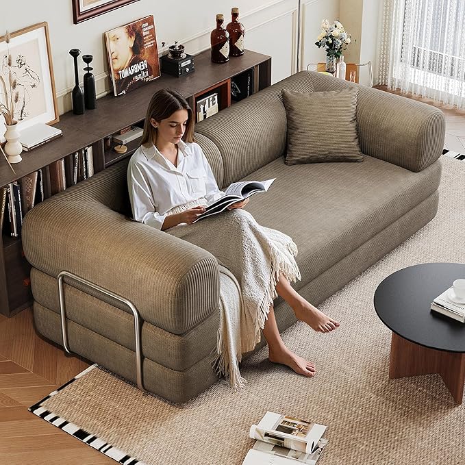 79" Convertible Sofa Bed, Corduroy Folding Pull Out Couch with Pillows, No Assembly Modern Boneless Couch Compression Sofa in Box, Floor Sofa with Support Rods for Living Room,Camel