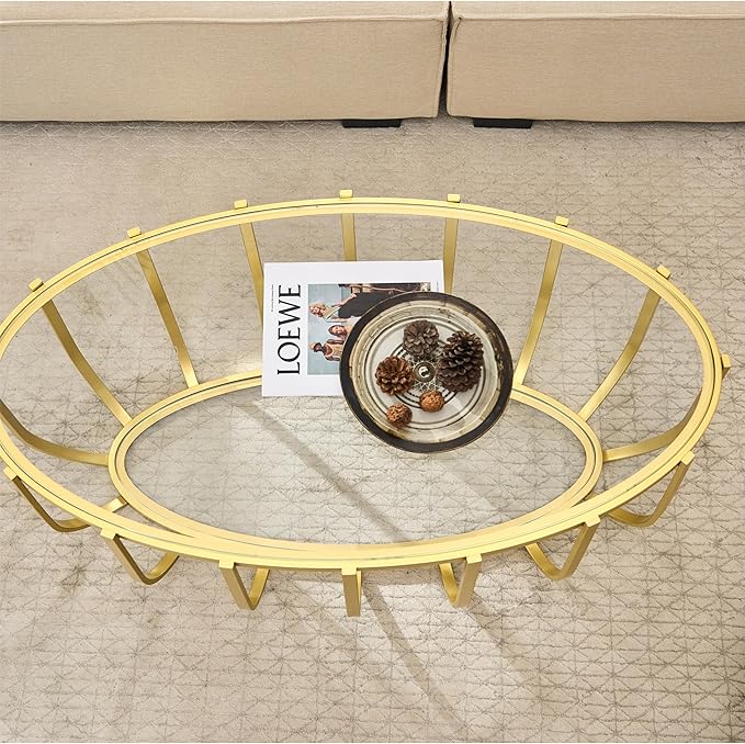 Saint Mossi Glass Oavl Coffee Table for Living Room, Modern 2-Tier Gold Center Table, Clear Glass Top with Gold Finish Legs & Frame