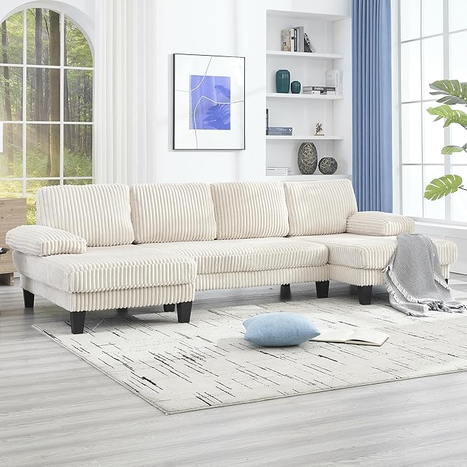 Eafurn Symmetrical U Shaped Sectional Sofa with Double Chaise Lounge,Modern Corduroy Upholstered Oversized Corner Couch, Deep Seat Comfy 4-Seater Sofa w/Pillow-top Armrest for Living Room