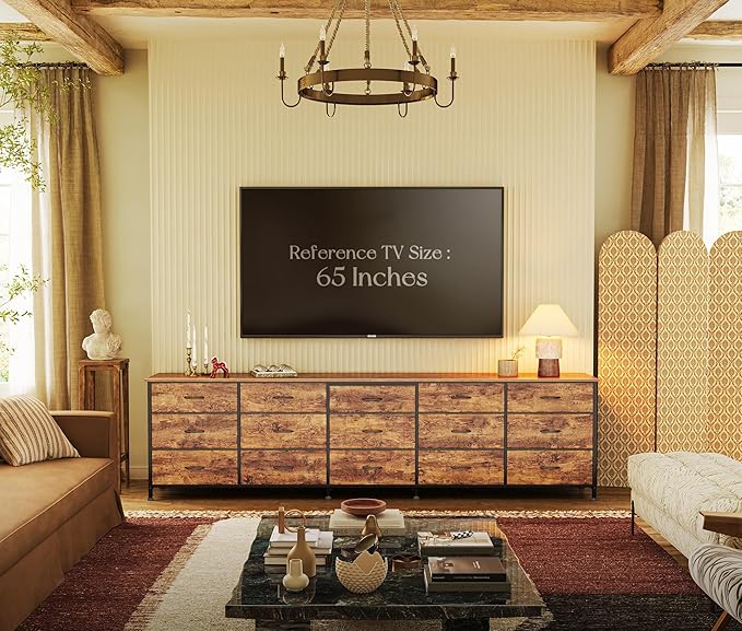 Huuger 86.6 Inch Dresser for Bedroom, TV Stand for 65, 75, 85 Inch TV, 15 Fabric Drawer Long Dresser, Large Entertainment Center for Bedroom, Wide Chest of Drawer with Storage, Rustic Brown