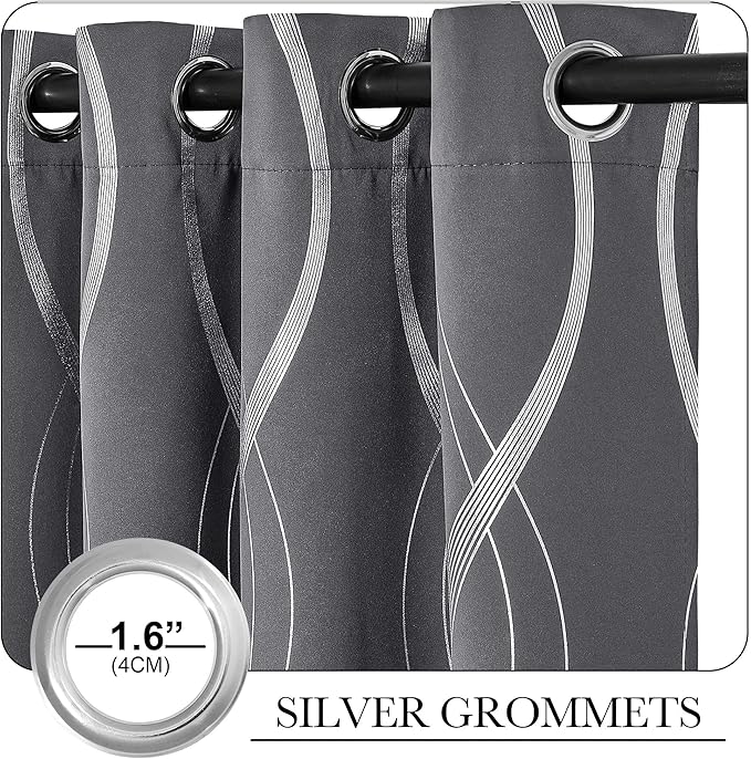 NICETOWN Extra Long Blackout Curtains for Large Window, Foil Printed Wave Lines Energy Saving Thermal Insulated Blackout Draperies for Kids Nursery Boys Bedroom (1 Pair, 52 inches by 108 inches, Grey)