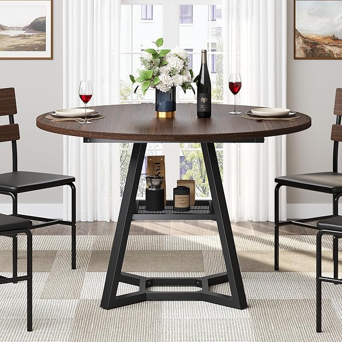 Round Dining Table for 4, Kitchen Tables Dining Room Circle Dinner Table with Pedestal Metal Frame, Space Saving Wood Industrial Kitchen & Dining Room Tables, Walnut 43In