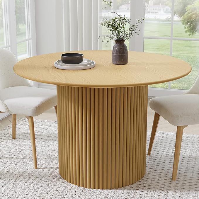 Casaphoria 46" Round Dining Table, Modern Wood Kitchen Table with Cylinder Stripe Base for Living Room & Dining Room, Easy Assembly Farmhouse Furniture for 4-6, Oak