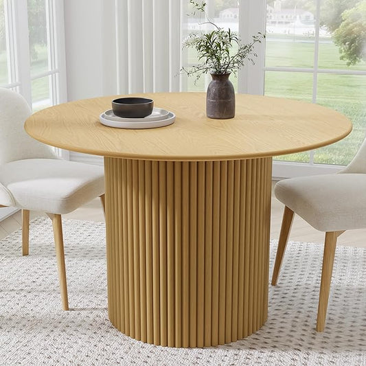 Casaphoria 46" Round Dining Table, Modern Wood Kitchen Table with Cylinder Stripe Base for Living Room & Dining Room, Easy Assembly Farmhouse Furniture for 4-6, Oak