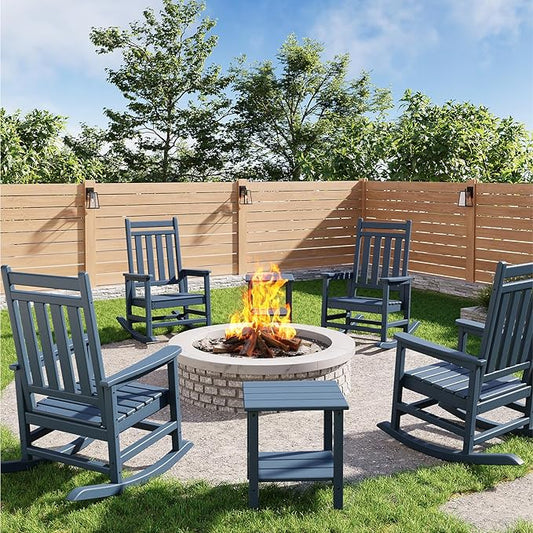 GarveeLife Poly Lumber Rocking Chair Outdoor Set of 4 with 2 Side Table - HDPE High Back Porch Rocker Chairs for Adults - All Weather Resistant Furniture for Patio - Navy Blue
