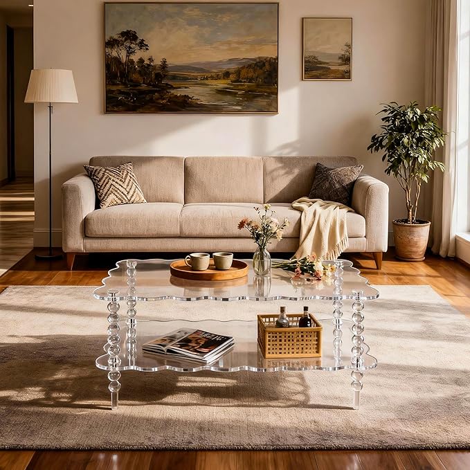 Acrylic Coffee Table, 2-Tier Living Room Table with Storage, Center Table Mid-Modern Century for Living Room, Easy to Assemble (Clear, 37.8“×23.6“×15.7”)