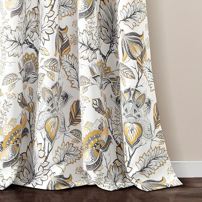 Lush Decor Cynthia Jacobean Light Filtering Window Curtain Panel Pair, 84" L x 52" W, Yellow & Gray