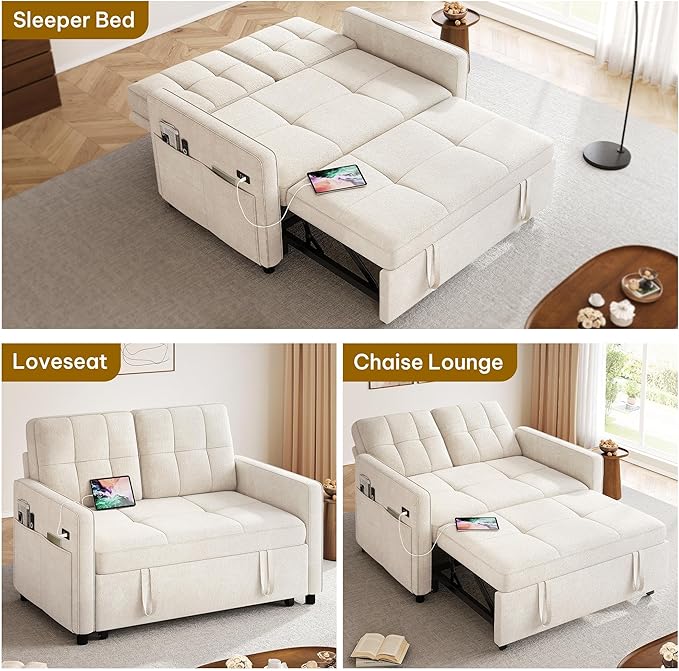 YITAHOME 55" Convertible Sofa Bed, 3-in-1 Sleeper Sofa with Pull-Out Bed, Cat-Scratch-Proof Futon Couch with 5-Levels Reclining Backrest, USB and Side Pocket, Modern Loveseat for Living Room, Beige