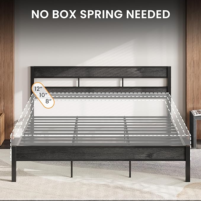 LIKIMIO California King Bed Frame with Headboard, Easy Assembly, Noise-Free, No Box Spring Needed, Heavy Strong Metal Support Frames, Charcoal Grey