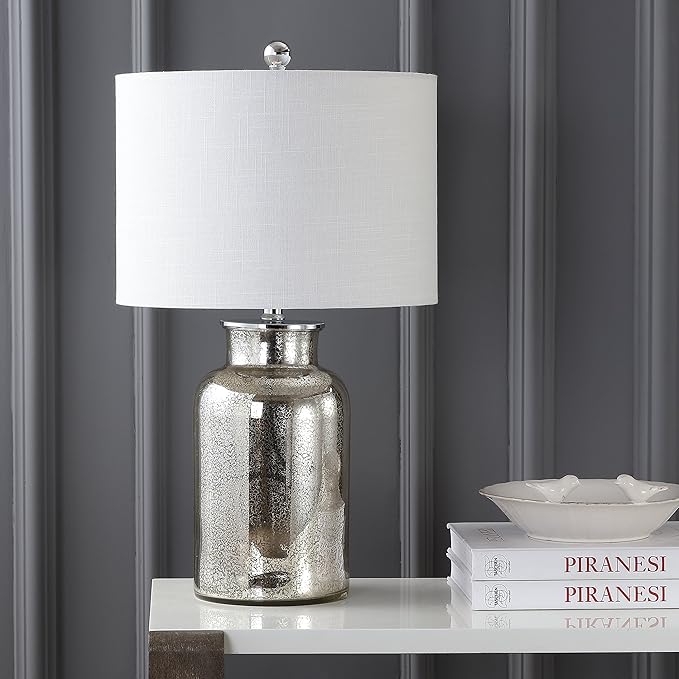 JONATHAN Y 24.5" Mercury Silver Trellis Glass Table Lamp for Living Room, White Linen Shade, Modern Bedside Nightstand Lamp for Bedroom, LED Bulb Included, UL Listed (JYL1084A)