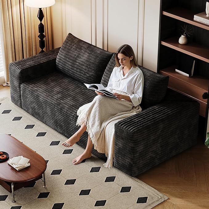 JINGLING 71" Small Couches for Small Spaces, Memory Foam loveseat Corduroy Couch in a Box, Compressed Boneless Sofa for Living Room Bedroom, Apartment Furniture, No Assembly Required, Black