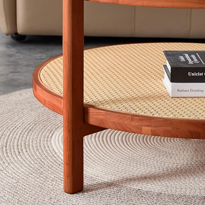 Tempered Glass Round Coffee Table, Farmhouse Circle Coffee Table with Rattan Woven Shelf for Storage, Solid Wood Circular Center Table for Living Room